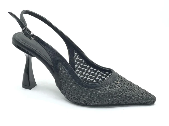 Feles Hasır Detaylı Arkası Açık Stiletto Kadın Topuklu Ayakkabı ürün görseli 1