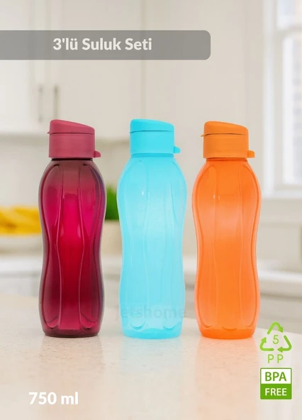 3’lü Set Matara Okul Suluğu Kapaklı Plastik Su Şişesi 750 ml ürün görseli 1