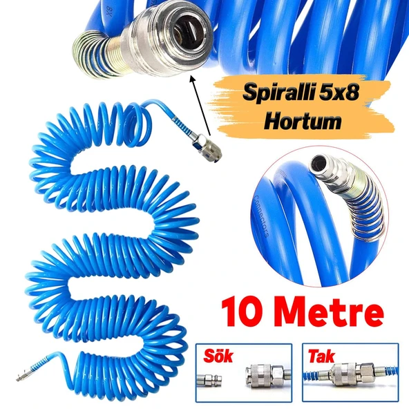 Spiralli 5x8 Polietilen Hava Hortumu Nipel Jaklı Esnek Kırılmaz Sök Tak Soketli Manşon 10 Metre ürün görseli 1
