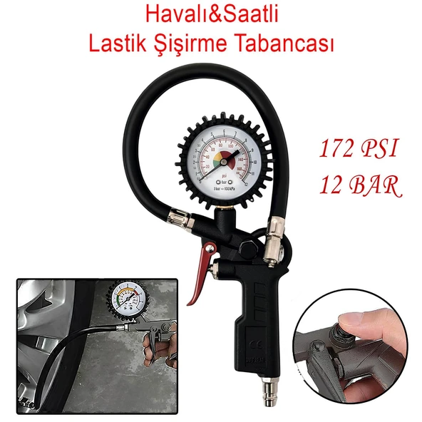 Lastik Şişirme Tabancası Havalı Basınç Göstergeli Saatli Jak Hortum ve Sibop Uyumlu Şambrel Tekerlek ürün görseli 1