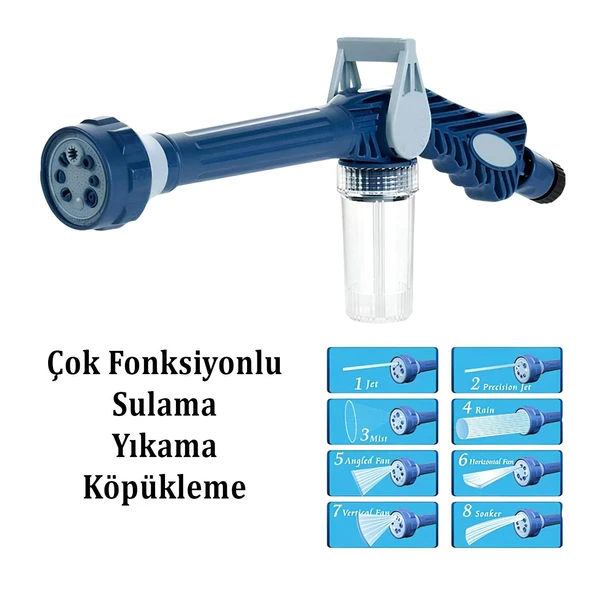 Araç Yıkama Köpürtme Tabancası Bahçe Sulama 8 Fonksiyonlu Deterjan Hazneli Hortum Bağlantılı 1 Adet ürün görseli 1
