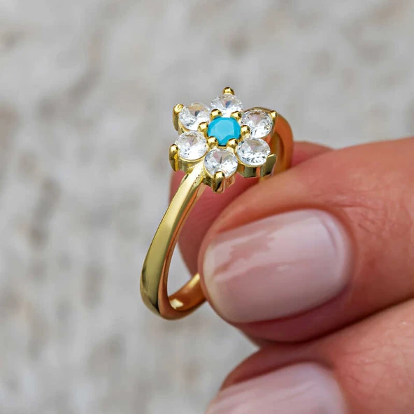 Gümüş Mavi Taşlı Gold Çiçek Kadın Yüzük SL11531 ürün görseli 1