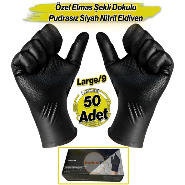 Elmas Dokulu 25 Çift 50 Adet Siyah L Beden 9 Numara Kalın Hijyenik Pudrasız Nitril Muayene Eldiveni ürün görseli 1