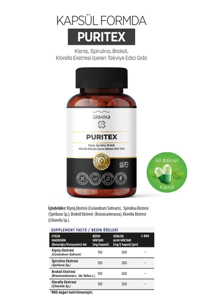Erbatab Puritex (Kişniş - Spirulina - Brokoli - Kl orella) 60 Kapsül ürün görseli 1
