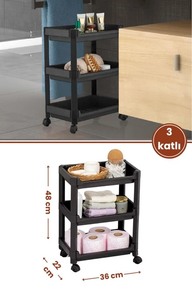 Flosoft 3 Katlı Tekerlekli Düzenleyici Raf, Mutfak Banyo Temizlik Katlı Organizer (22x36x48cm) Siyah ürün görseli 1