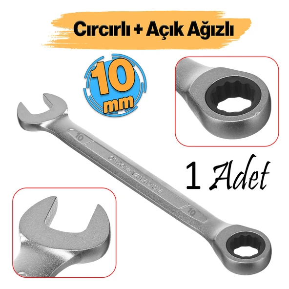 Cırcırlı Anahtar 10 mm Açık Ağızlı Düz ve Cırcır Kombine Anahtar 1 Adet Somun Sökme Sıkma ürün görseli 1