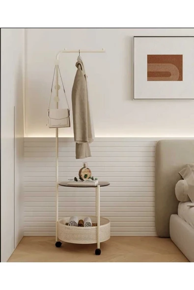 Metal Raflı Beyaz Konfeksiyon Askısı Elbise Askılığı Sepetli askılık Tekerlekli 175*50 cm 1087 CN ürün görseli 1