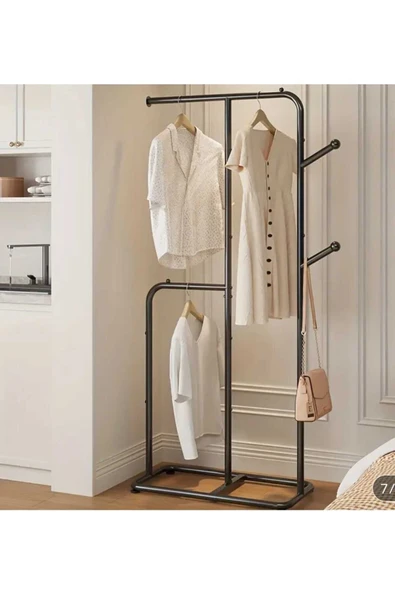 Modern Metal Siyah Bölmeli Konfeksiyon Elbise Askılığı Ayaklı Askılık 175*74*32 CM 1091-CN ürün görseli 1