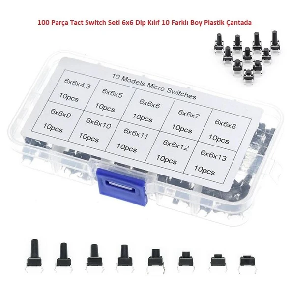 100 Parça Tact Switch Seti 6x6 Dip Kılıf 10 Farklı Boy Plastik Çantada ürün görseli 1
