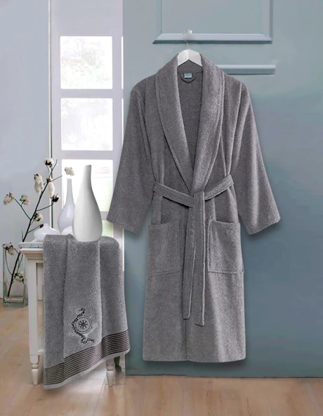 Bornoz - Nakışlı Havlu Seti Cora Antrasit S/M+45x85cm ürün görseli 1