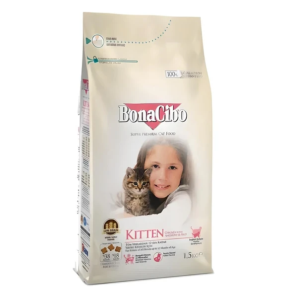 BonaCibo Tavuklu (Hamsi ve Pirinç eşliğinde) Yavru Kedi Maması 1.5 Kg ürün görseli 1