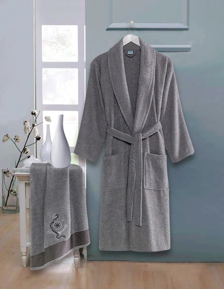 Bornoz - Nakışlı Havlu Seti Cora Antrasit L/XL+45x85cm ürün görseli 1