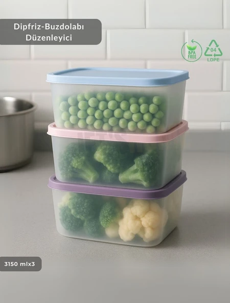 3'lü Dipfriz Saklama Kabı - No Frost Silikon Kapaklı | Derin Dondurucu Düzenleyici - BPA Free - 3150 ml ürün görseli 1