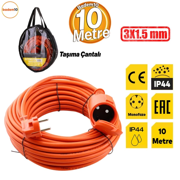 Uzatma Kablosu 3x1.5 mm 10 METRE Kablolu Tekli Grup Fiş Priz Topraklı Kapaklı Monofaze Ev Tipi ürün görseli 1