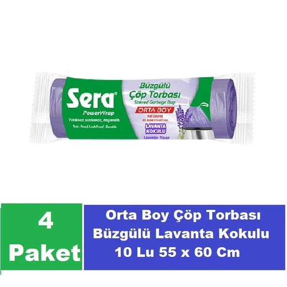 Sera Çöp Torbası Büzgülü Lavanta Kokulu Orta Boy 10 Lu 55 x 60 Cm x 4 Paket ürün görseli 1