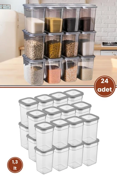 Flora Kare Erzak Saklama Kabı 24'lü Set, Gıda Baharat Bakliyat Saklama Kabı Orta Boy 24x(1,3 lt) ürün görseli 1