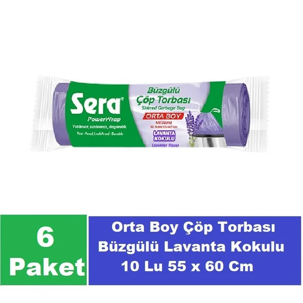 Sera Çöp Torbası Büzgülü Lavanta Kokulu Orta Boy 10 Lu 55 x 60 Cm x 6 Paket ürün görseli 1