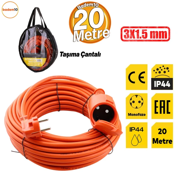 Uzatma Kablosu 3x1.5 mm 20 METRE Topraklı Kablolu Tekli Grup Fiş Priz Kapaklı Monofaze Ev Tipi ürün görseli 1