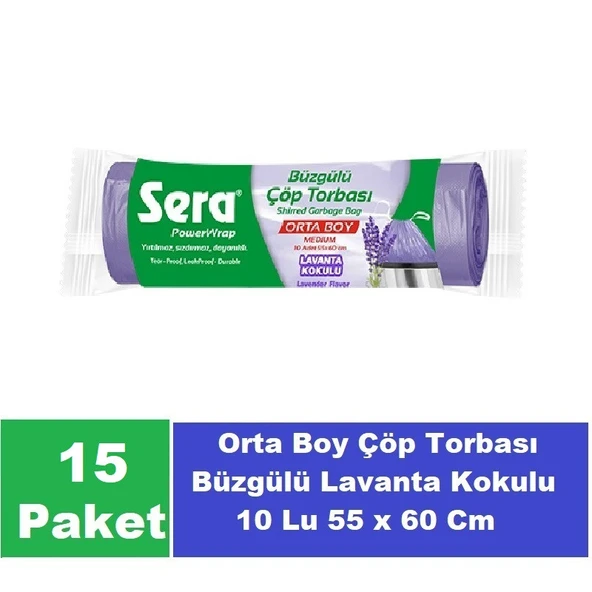 Sera Çöp Torbası Büzgülü Lavanta Kokulu Orta Boy 10 Lu 55 x 60 Cm x 15 Paket ürün görseli 1