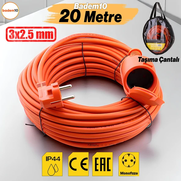 Uzatma Kablosu 20 METRE 3x2.5 mm Tekli Grup Fiş Priz Kapaklı Monofaze Ev Tipi Topraklı Kablolu ürün görseli 1
