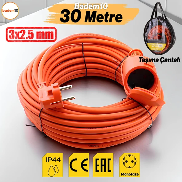 Uzatma Kablosu 30 METRE 3x2.5 mm Ev Tipi Topraklı Kablolu Tekli Grup Fiş Priz Kapaklı Monofaze ürün görseli 1
