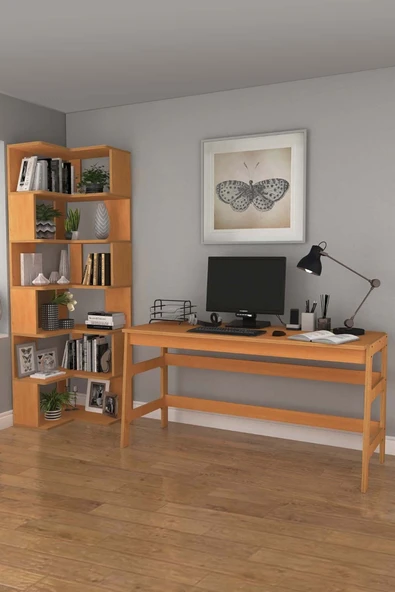 Woodesk  Bohem, Ahşap, Çalışma Masası Ve Köşe Kitaplık Takımı, Tik Renk ürün görseli 1