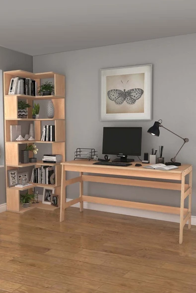 Woodesk  Bohem, Ahşap, Çalışma Masası Ve Köşe Kitaplık Takımı, Natural Renk ürün görseli 1