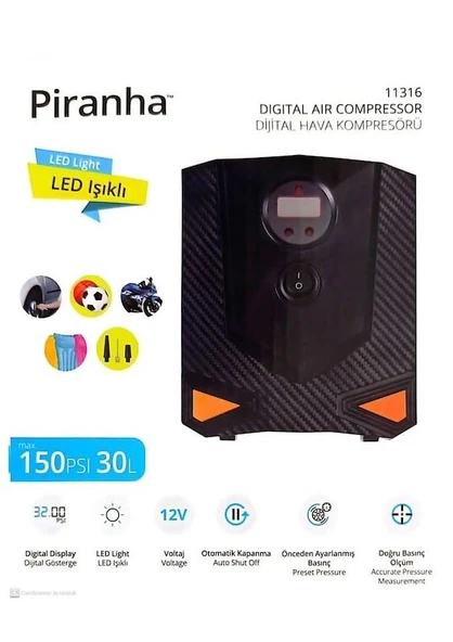 Piranha Dijital Hava Kompresörü Lastik Hava Pompası 150 Psi ürün görseli 1