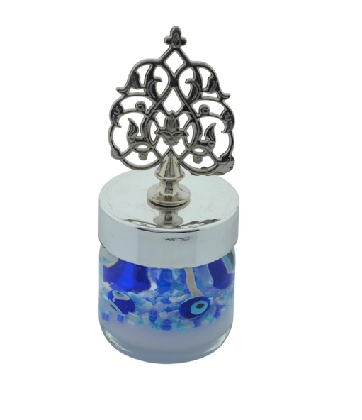 Dekoratif Jel Mum Nazar Boncuk Temalı Cam Kavanoz Metal Kubbeli (4cmx11cm) ürün görseli 1