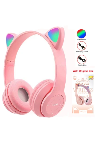 KGG P47M Cut Cat Ears Headphone Wireless LED Flashlight with Mic Stereo Music Helmet Phone Blueotooth... ürün görseli 1