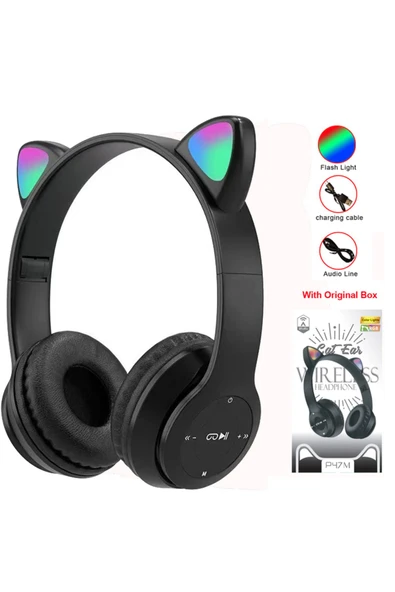 KGG P47M Cut Cat Ears Headphone Wireless LED Flashlight with Mic Stereo Music Helmet Phone Blueotooth... ürün görseli 1