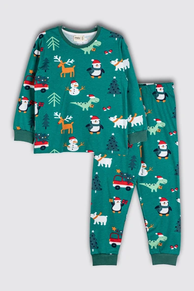 Sevimli Kardan Adam-Penguen Desenli %100 Pamuk Unisex Çocuk Pijama Takımı ürün görseli 1
