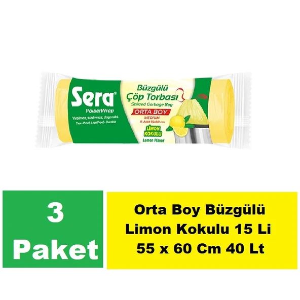 Sera Çöp Torbası Büzgülü Limon Kokulu Orta Boy 15 Li 55 x 60 Cm x 3 Paket ürün görseli 1