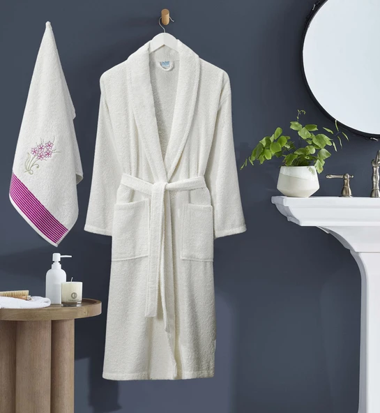 Bornoz - Nakışlı Havlu Seti Cora Bayan Krem L/XL+45x85cm ürün görseli 1
