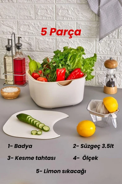 5 parça set lüks süzgeçli sebze meyve yıkama badyası kesme tahtası limon sıkacağı ölçek ürün görseli 1