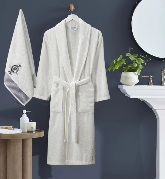 Bornoz - Nakışlı Havlu Seti Cora Erkek Krem L/XL+45x85cm ürün görseli 1