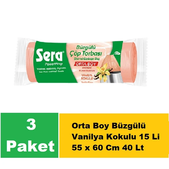 Sera Çöp Torbası Büzgülü Vanilya Kokulu Orta Boy 15 Li 55 x 60 Cm x 3 Paket ürün görseli 1