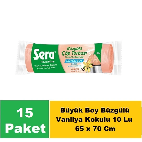 Sera Çöp Torbası Büzgülü Vanilya Kokulu Büyük Boy 10 Lu 65 x 70 Cm x 15 Paket ürün görseli 1