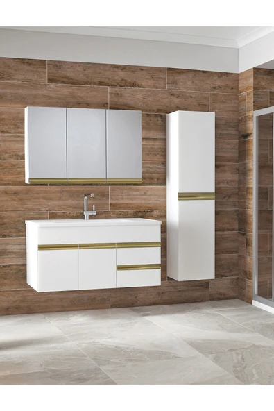 Alfa Banyo Esen Beyaz Gold 100+35 cm Mdf Lavabolu Banyo Dolabı Boy Dolaplı Banyo Lavabo Dolabı ürün görseli 1