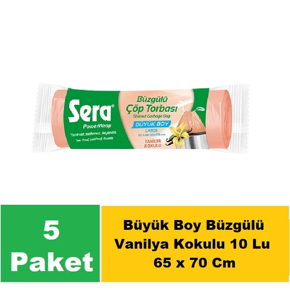 Sera Çöp Torbası Büzgülü Vanilya Kokulu Büyük Boy 10 Lu 65 x 70 Cm x 5 Paket ürün görseli 1