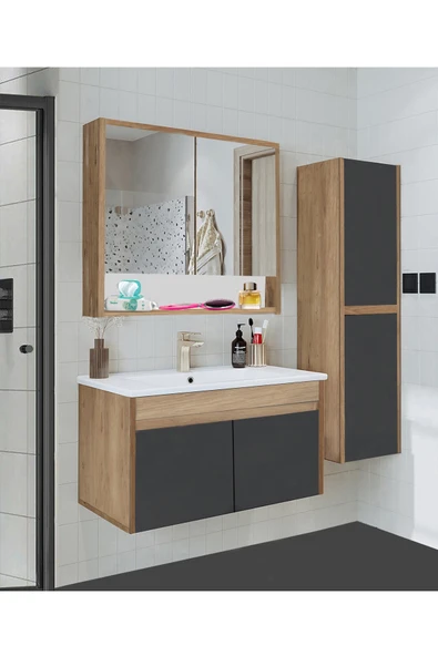 Alfa Banyo Serena Ea 80 cm Seramik Lavabolu Banyo Dolabı Seti, Boy Dolaplı, Mdf, (80+35) 115 Cm ürün görseli 1