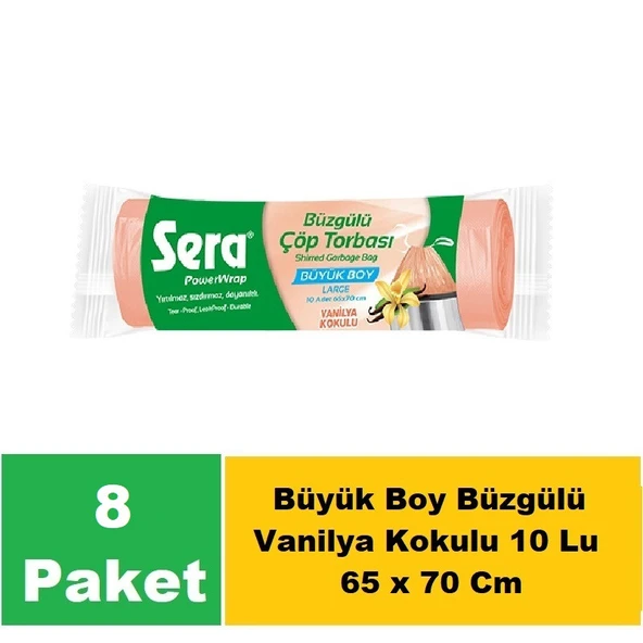 Sera Çöp Torbası Büzgülü Vanilya Kokulu Büyük Boy 10 Lu 65 x 70 Cm x 8 Paket ürün görseli 1