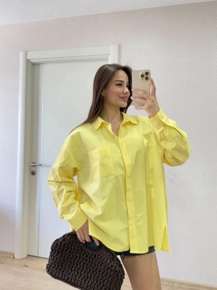 Yakalı Yandan Yırtmaçlı Gömlek - Sarı - Resim 2