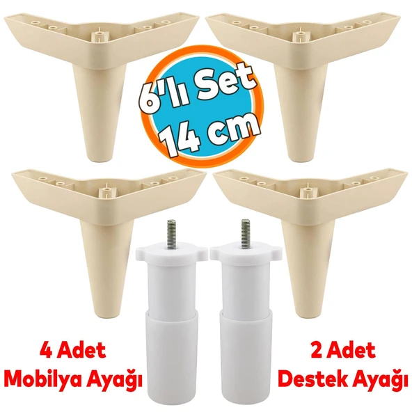 Mobilya Tv Ünitesi Çekyat Koltuk Kanepe Baza Destek Ayağı Ayakları 14 Cm Krem M8 6'lı Set ürün görseli 1