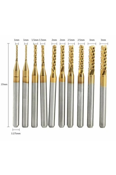 PCB Mini Karbür Freze Kesici 1.0-3.0mm 10 lu Set 3.175mm Shank ürün görseli 1