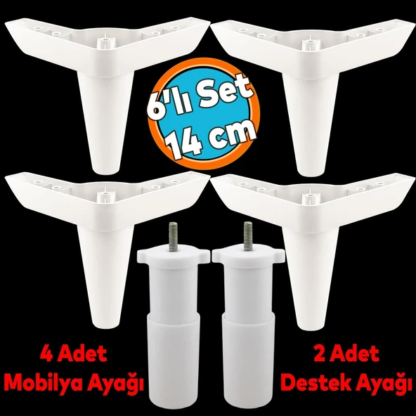 Mobilya Tv Ünitesi Çekyat Koltuk Kanepe Baza Destek Ayağı Ayakları 14 Cm Beyaz M8 6'lı Set ürün görseli 1