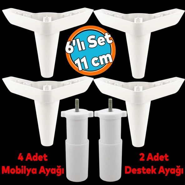 Mobilya Tv Ünitesi Çekyat Koltuk Kanepe Baza Destek Ayağı Ayakları 11 Cm Beyaz Ayak 6'lı Set ürün görseli 1
