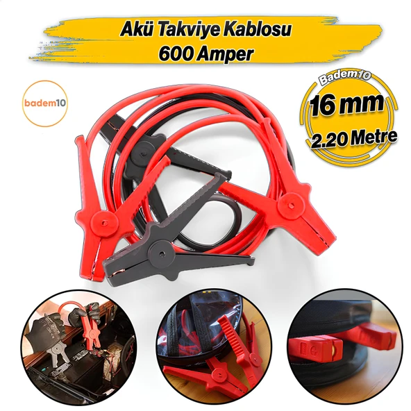 600 Amper Akü Takviye Kablosu 2.2 Metre 16mm² Kalınlık 6V/12/24V Araç Araba Oto Akümülatör Sarj Şarj ürün görseli 1