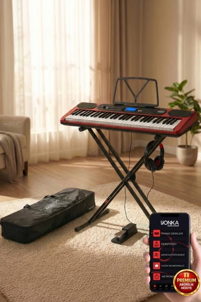 Midex PS-5200RD-HSS Pro Org 61 LED Işıklı Tuş Hassasiyetli Bluetooth Midi Kulaklık Stand Sustain ürün görseli 1