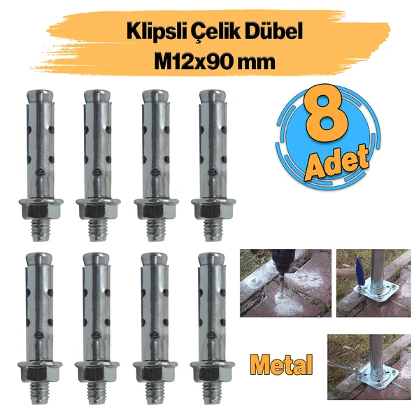 Saplamalı Gömlek Çelik Dübel M12x90 mm Raf Montaj Bağlantı Zemin Monte Tavan Asma Aparat 8 Adet ürün görseli 1